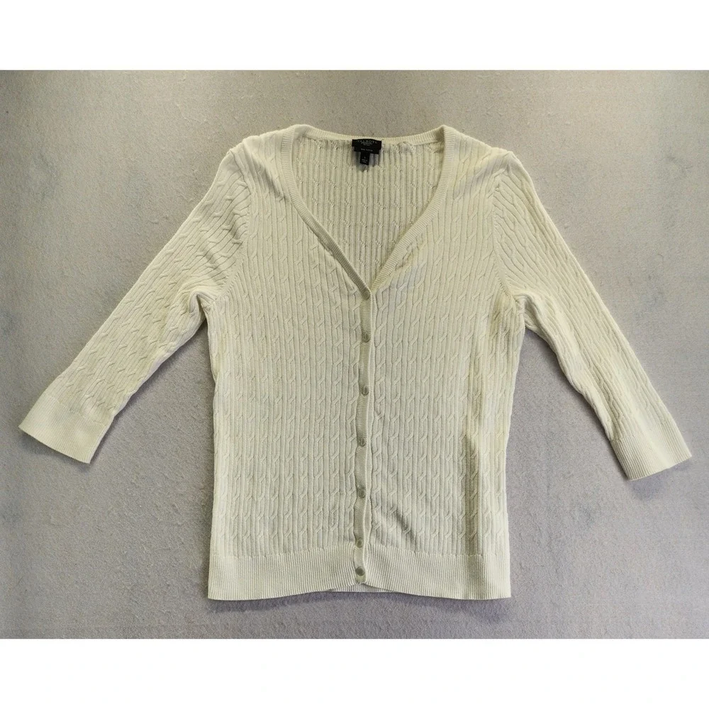Talbots Petites White Pima Cotton Cable Knit V-Neck Button Front Cardigan L